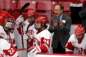 The upbeat Brian Durocher encouraging his team against ProvidencePhoto Courtesy of BU Today